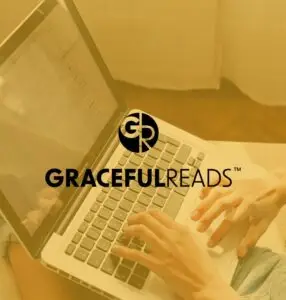 privacy policy image person on laptop and yellow color overlay with Graceful Reads logo