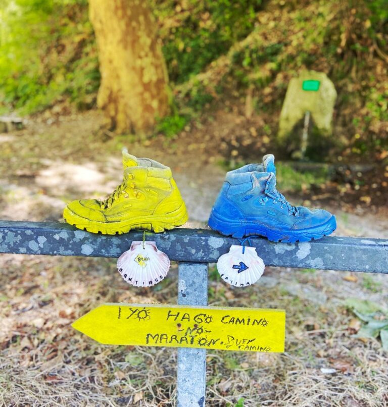 Painted hiking books on the Camino de Santiago pilgrimage trail